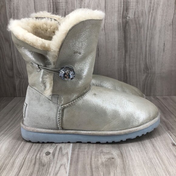 Ugg Boots Womens 9 Bailey Button Bling Metallic Cream Leather Slip On Lined - Picture 1 of 11